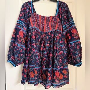 Free People floral print babydoll mini smock dress in blue